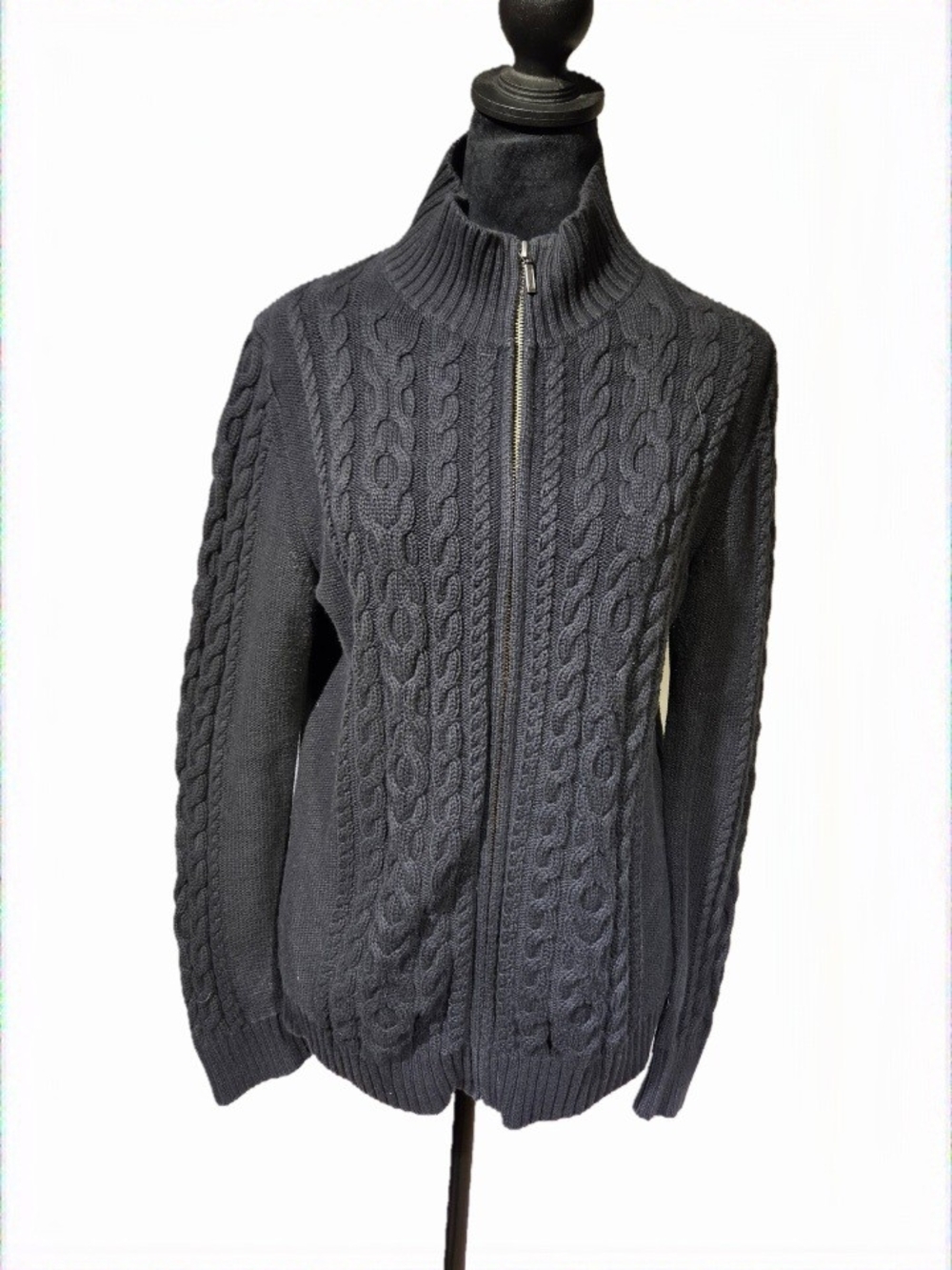L.L. Bean Black 100% Cotton Cable-Knit Zip Mock Neck Sweater - Picture 2 of 5